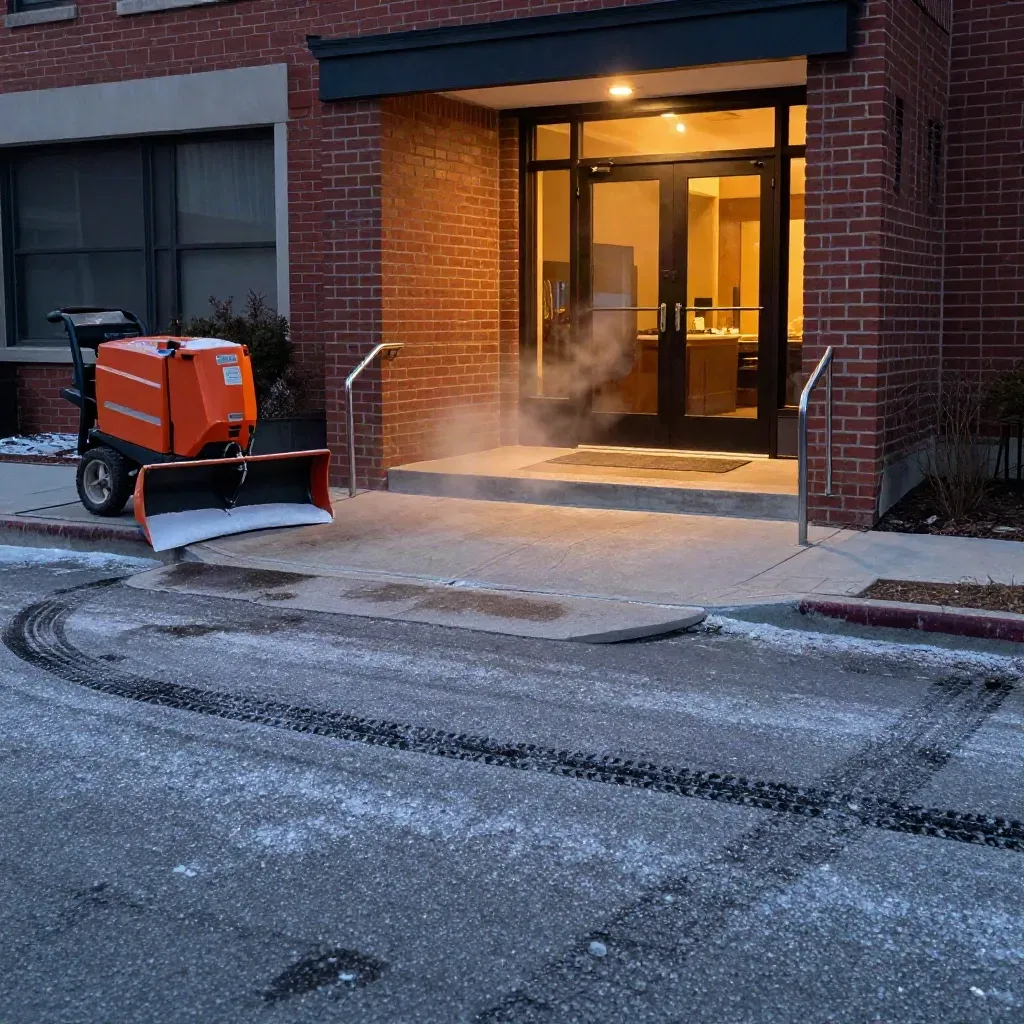 Salted brick entry drive with a parked snow blade and warm lobby glow before opening.