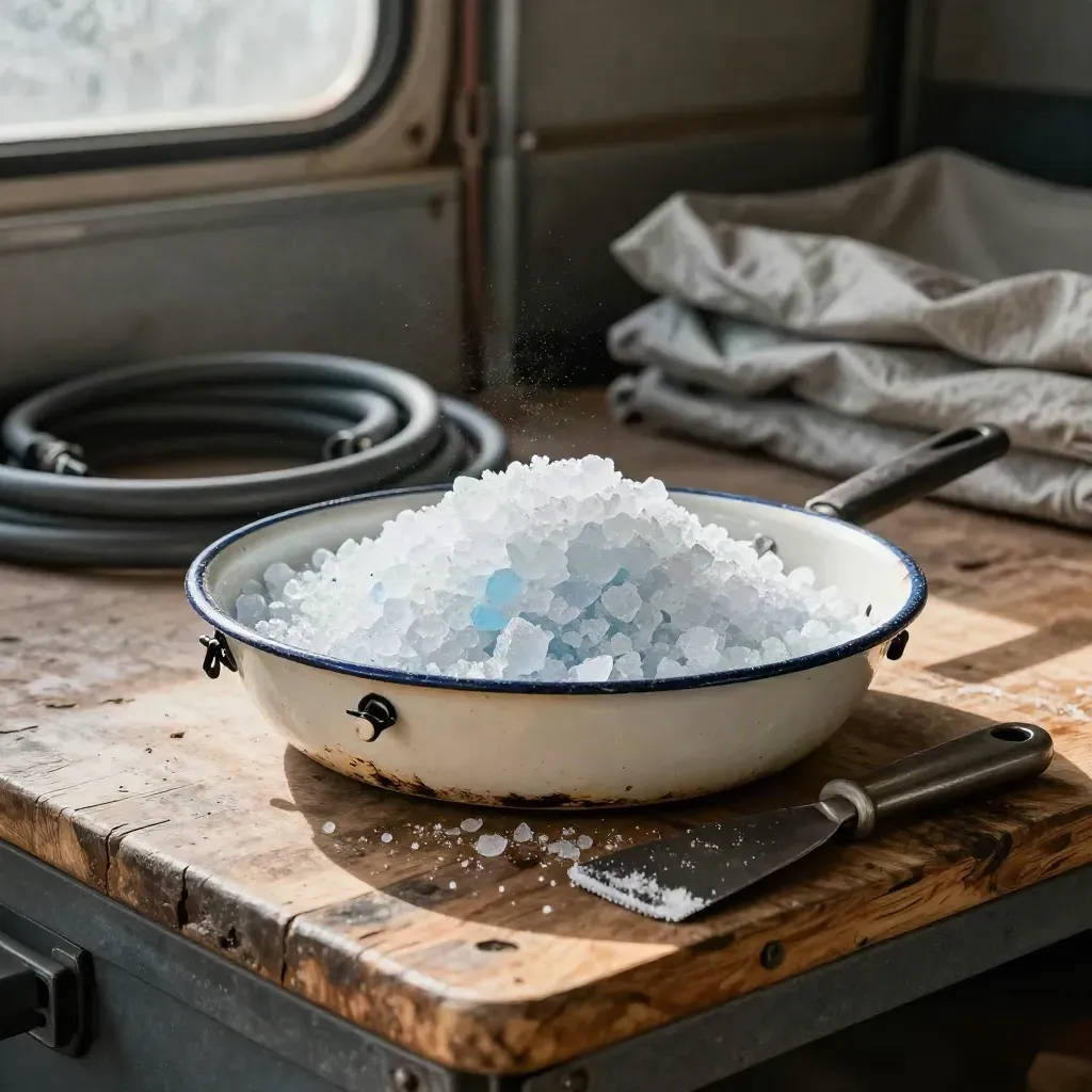 Ice-melt pellets, cable clips and a scraper blade in an enamel pan on a workbench.
