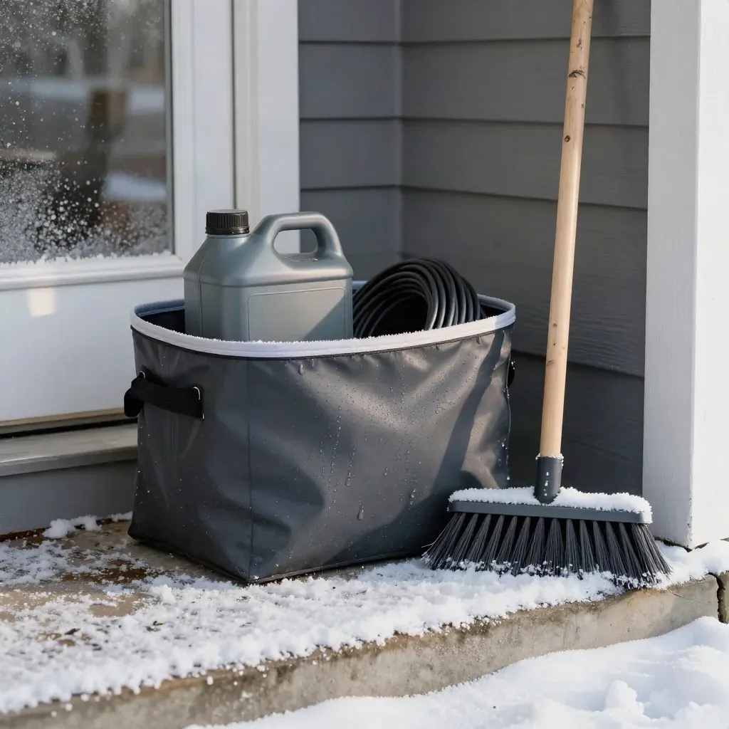 Storm kit with tote, de-icer, cable and broom by a frosted entryway.