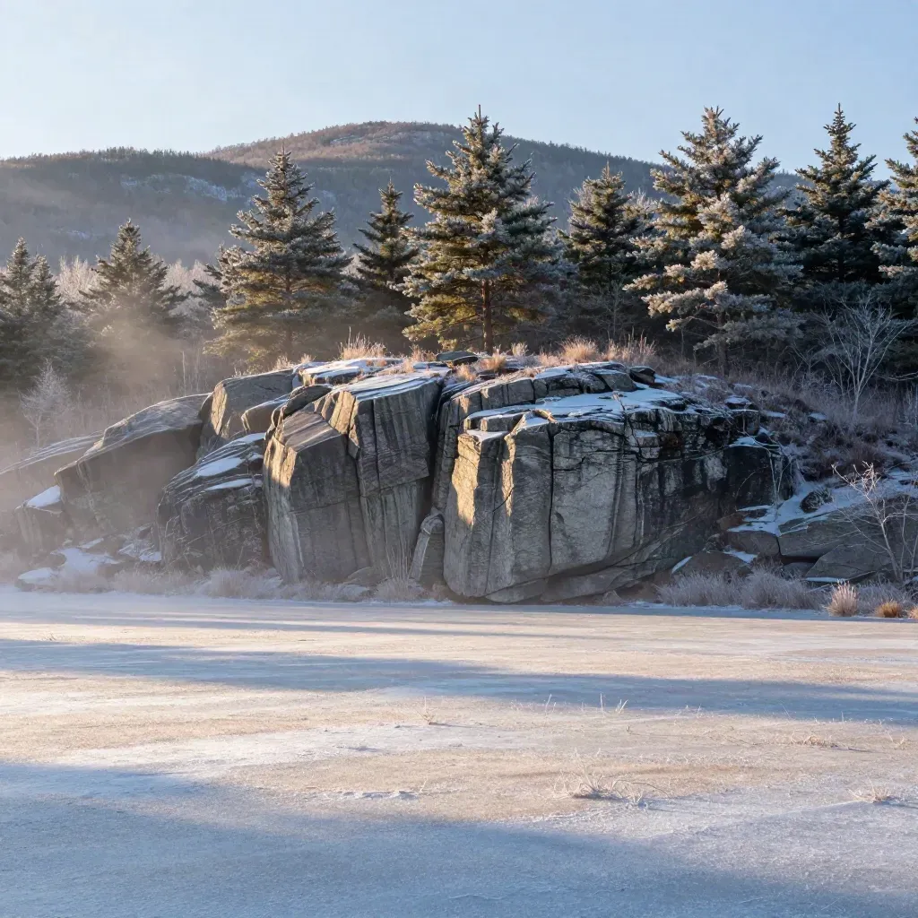 Foggy dawn over pine hills, granite ledge and frozen field in southern New Hampshire.
